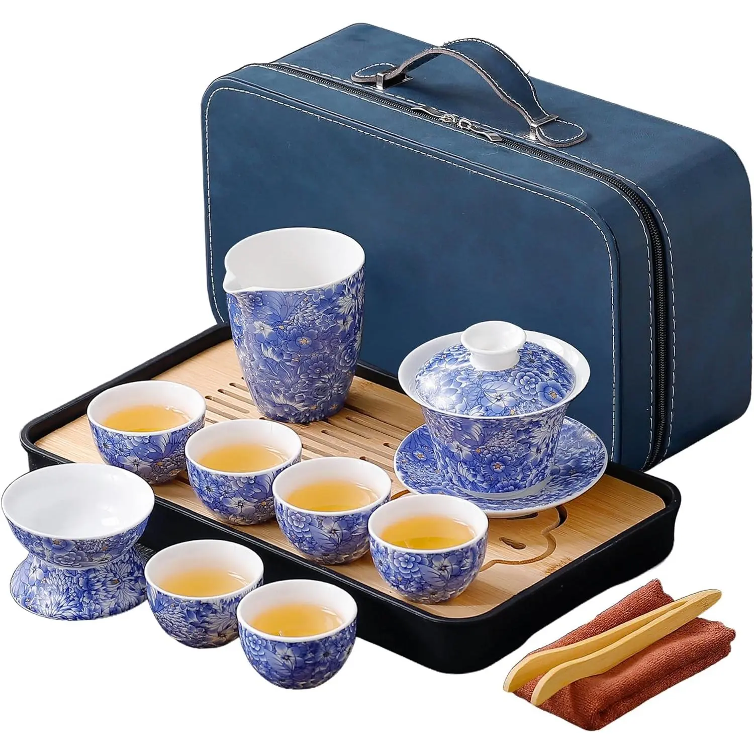 Portable Flower Gaiwan Gongfu Tea Set 6 Cups, Chinese Japanese Asian Tea Sets for Adults, for Home Outdoor Office Gifts, Porcelain, Printed, Classic, Traditional