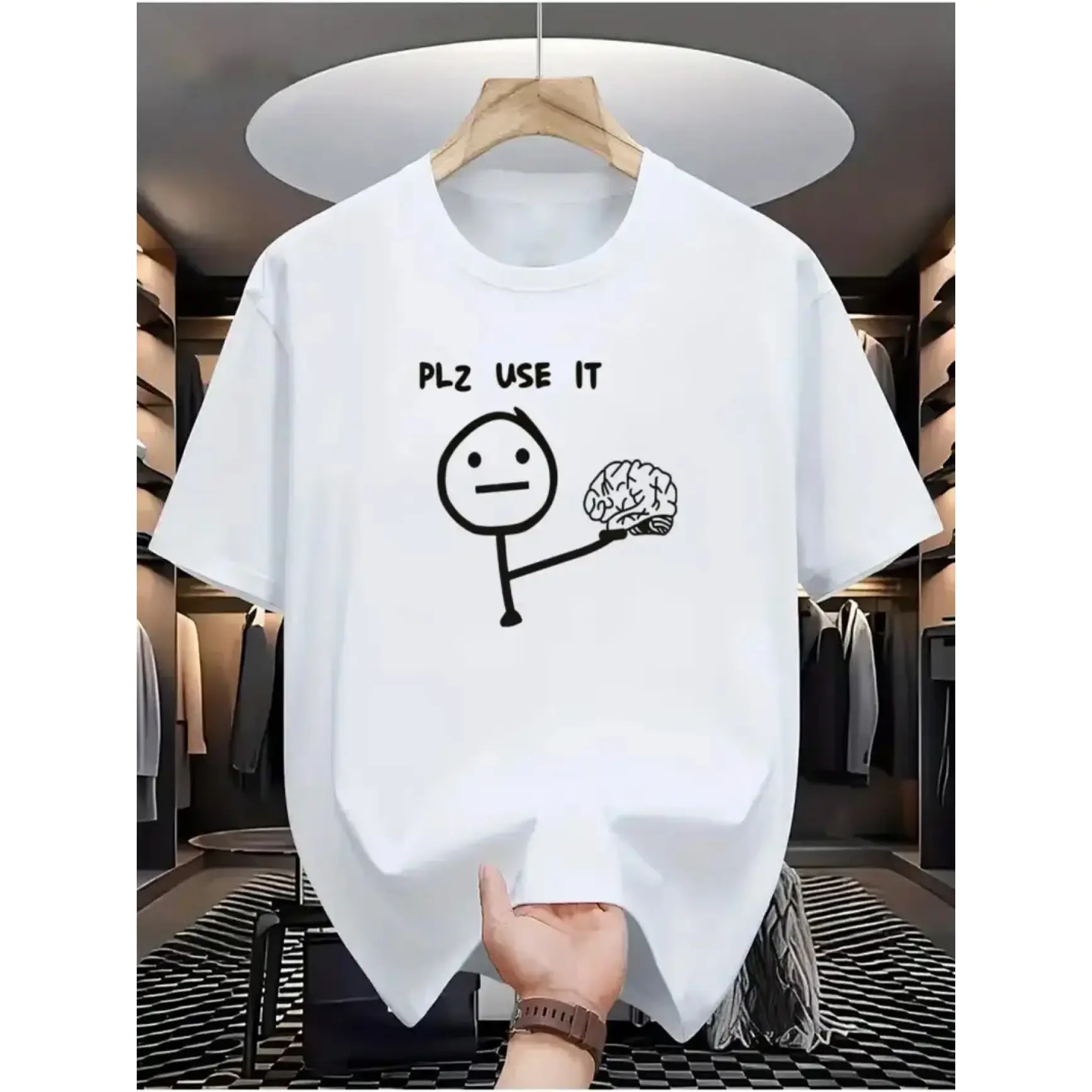 Plz Use It Stick Figure Brain Graphic Oversized Cotton Short‑Sleeve T‑Shirt, Cute Funny Meme Fashion Comfort Outfit, Best Valentine's Day Gift For Meme Fans, Perfect Holiday Present For Family Friends Him Her