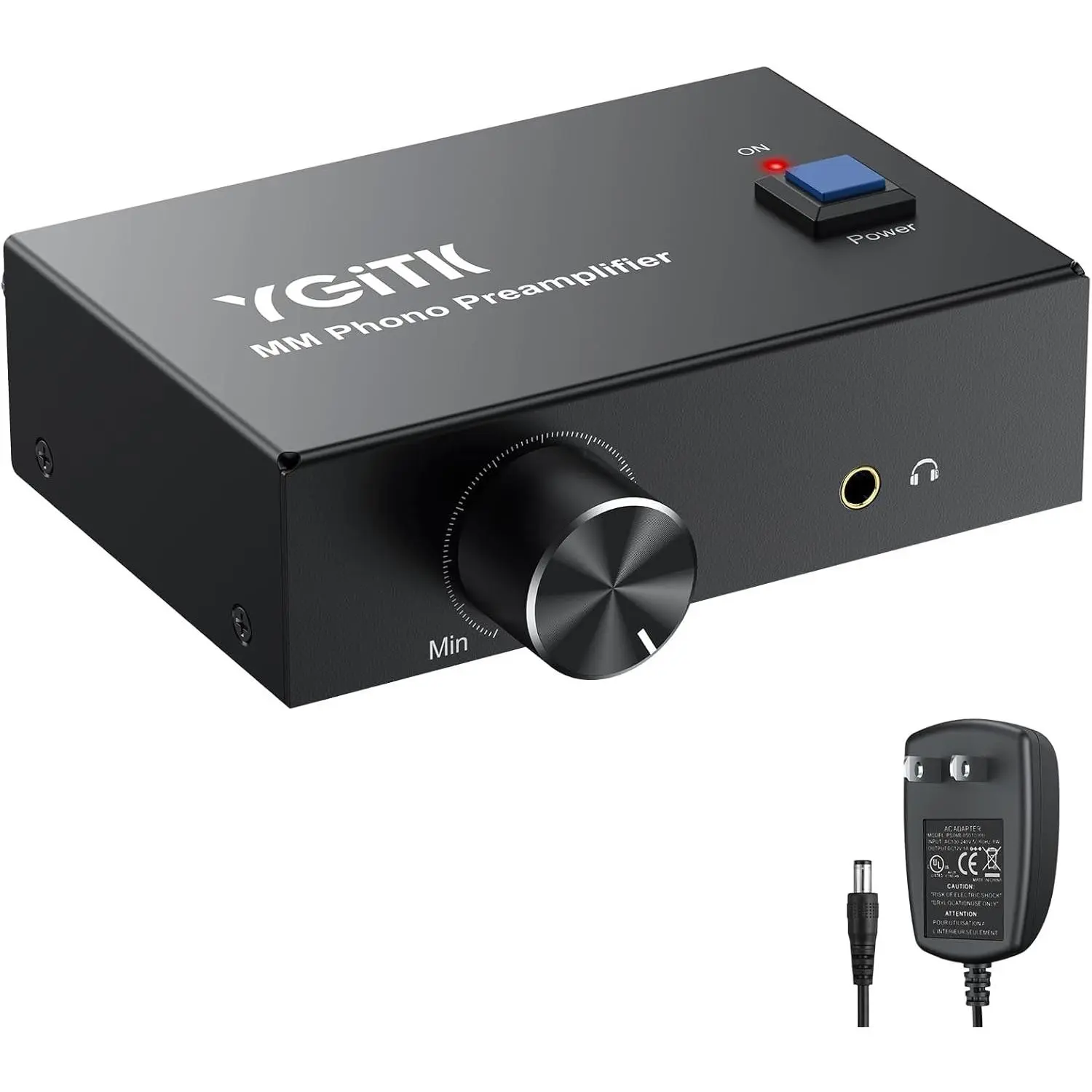 Metal Certified MM Phono Preamp for Turntable & Audiophiles, Low-Noise Audio Amplifier with Volume Control, RCA In/Out Jacks, 3.5mm Output, Grounding Rod, 12V 1A Power Adapter (Compatible with Speakers/Headphones)