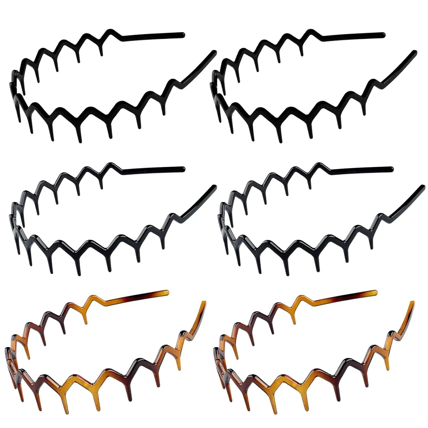 Women's 6-Count Zig Zag Headbands, Flexible Fit Wavy Shape Plastic U-Shaped Comb Hair Hoop Accessories