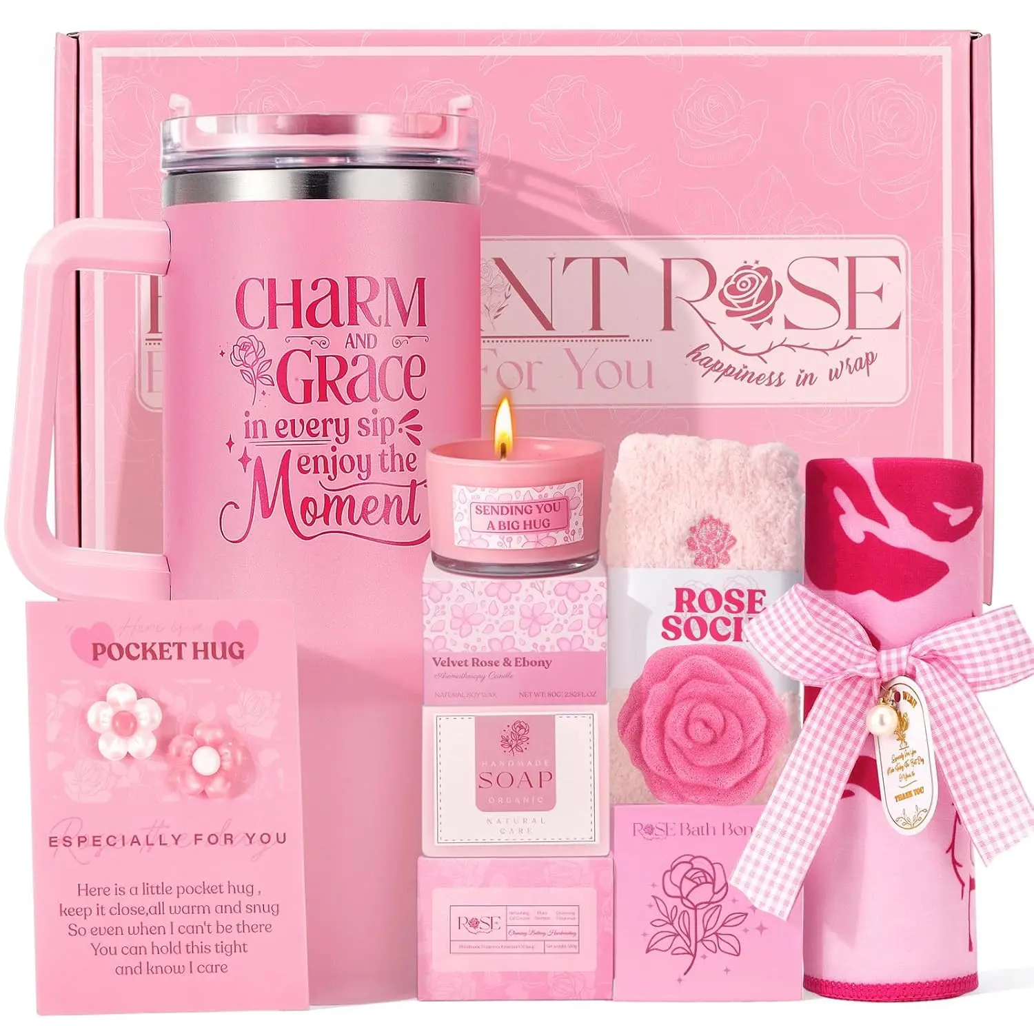 Pink Gifts for Self Care Gift Set - Pink Box for Spa Gift Basket for Mom Sister Best Friend Work Friend, Gift Package for Pampering Gifts w/ 40oz