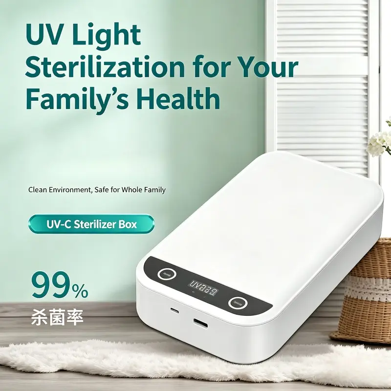 White Rechargeable UVC LED UV Sanitizer Box - Battery-Operated Tool Sterilizer Case with English Voice Broadcast, Portable Multi-Function Disinfection Box for Tattoo Nail Art Tools