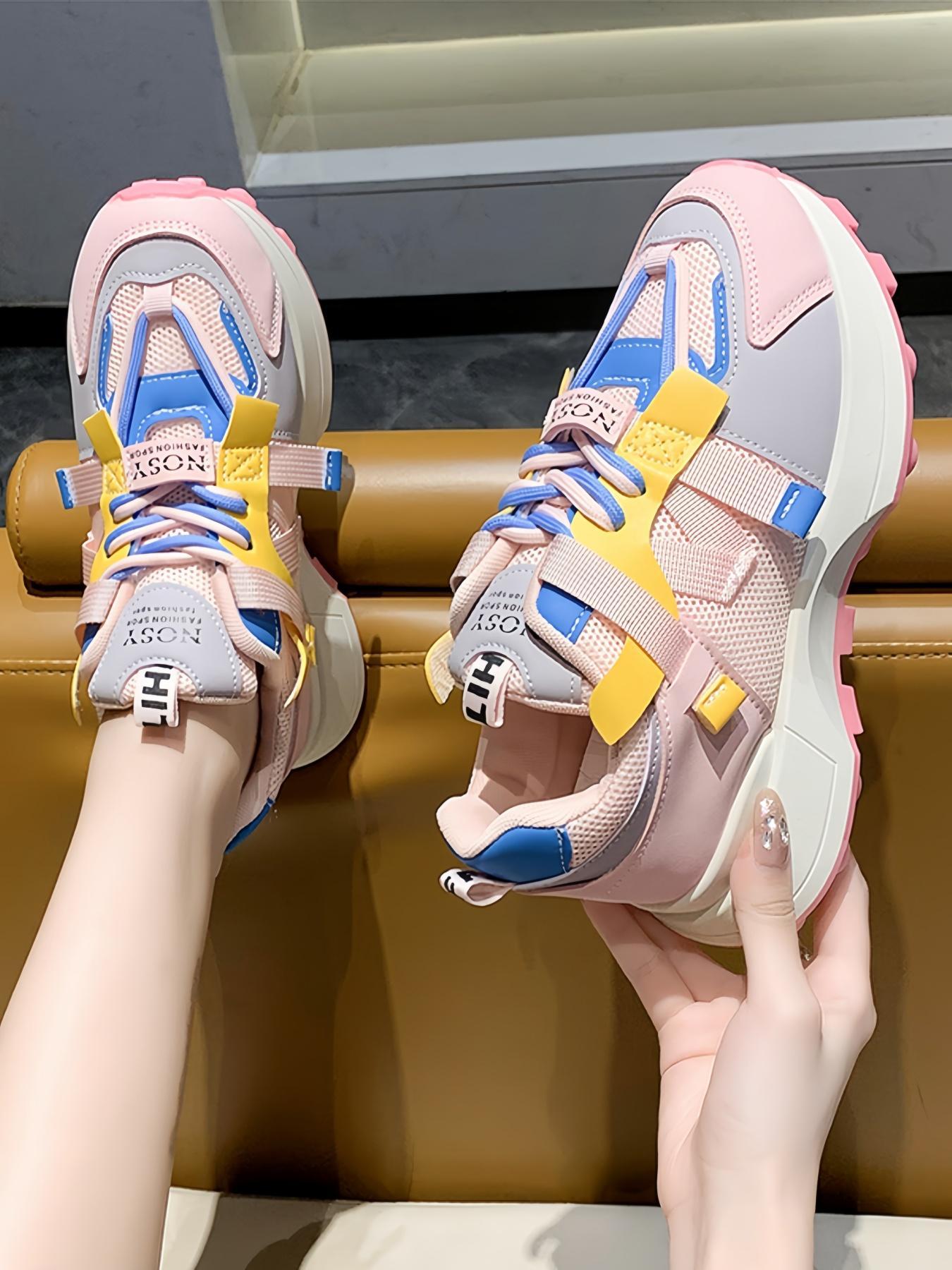 Women's Fashionable Solid / Colorblock Lace Up Sport Sneaker Walking Shoes, Casual Comfortable Breathable Sports Shoes, Female All-match Round Toe Shoes for Daily Wear