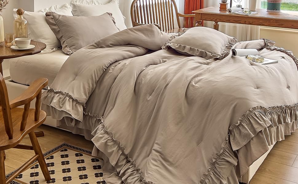 Taupe Comforters Queen Size Set, Vintage Boho Chic Farmhouse Bedding Sets Shabby Ruffle Queen Bed Comforter Bedding 3PCS(1 Comforter and 2 Pillowcases)