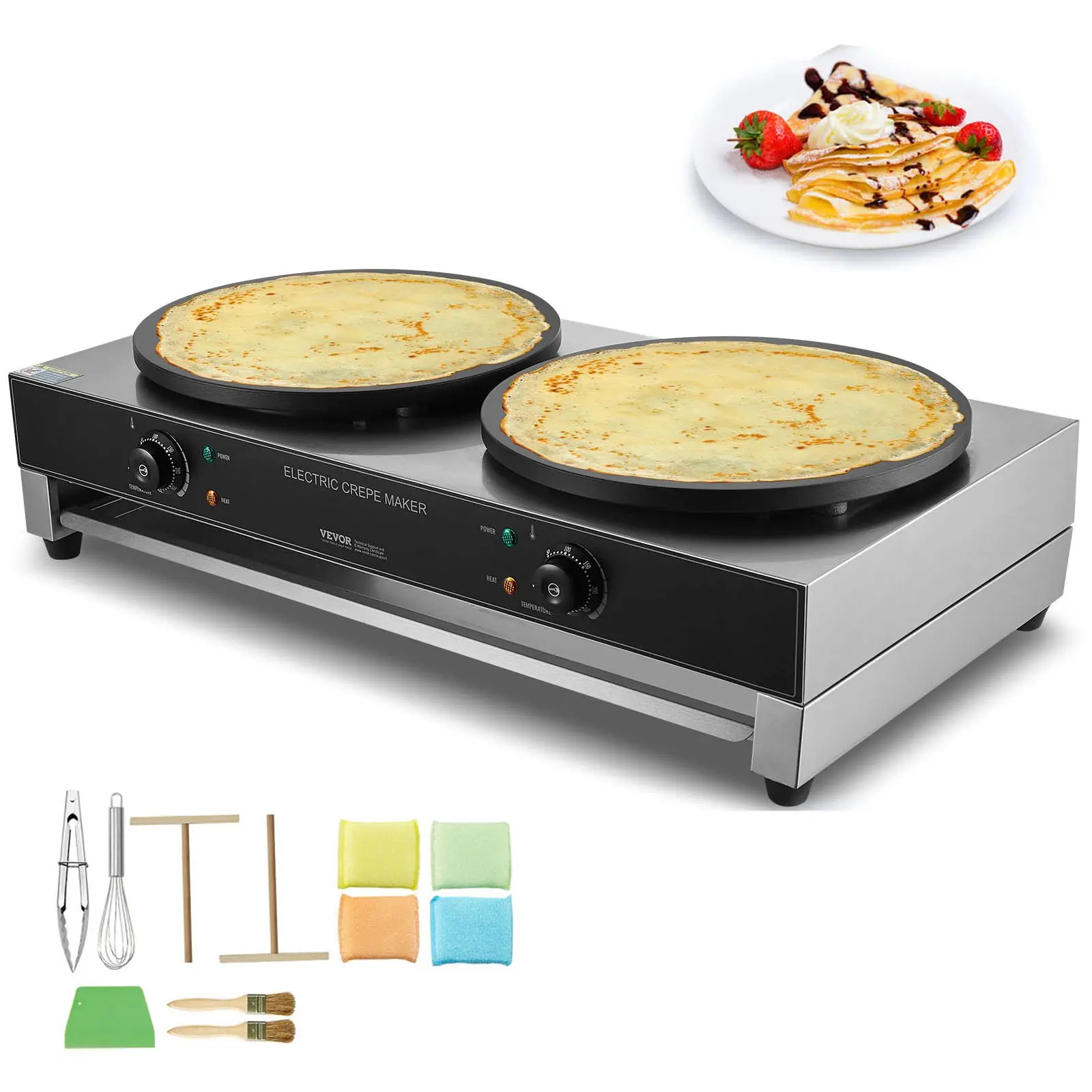 VEVOR Electric Crepe Maker, 16-Inch Double Head Commercial Crepe Machine, 3400W Flat Plate Crepe Griddle, Nonstick Stainless Steel Pancake Making, Desktop Circular Cereals Pancake Stove, AC120V 60Hz