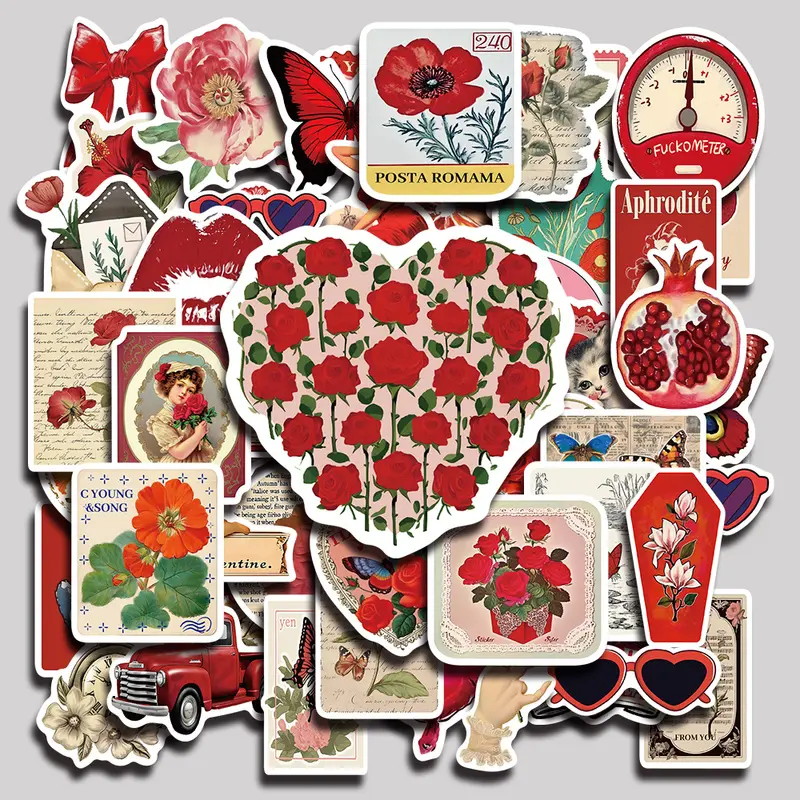 50PCS Red Aesthetic Aesthetic Vinyl Stickers Pack for Laptop Water Bottle Phone Case Skateboard Journal Scrapbook DIY Decoration