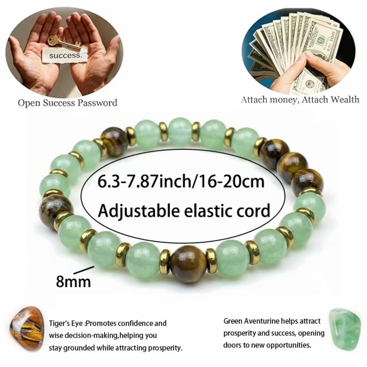 1pc Money Attraction Bracelet with Green Aventurine & Tiger Eye for Wealth & Good Luck, Wealth Manifestation Crystal Bracelet for Birthday, Anniversary, Summer Vacation & Theme Parties Jewelry Gift for Women and Men