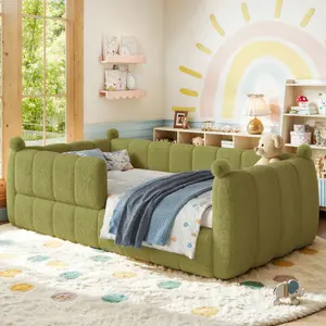Twin Size Soft Upholstered Floor Bed, Montessori Floor Bed with Full Surround Safety Rails, Low to Ground  Bed Frame , Green