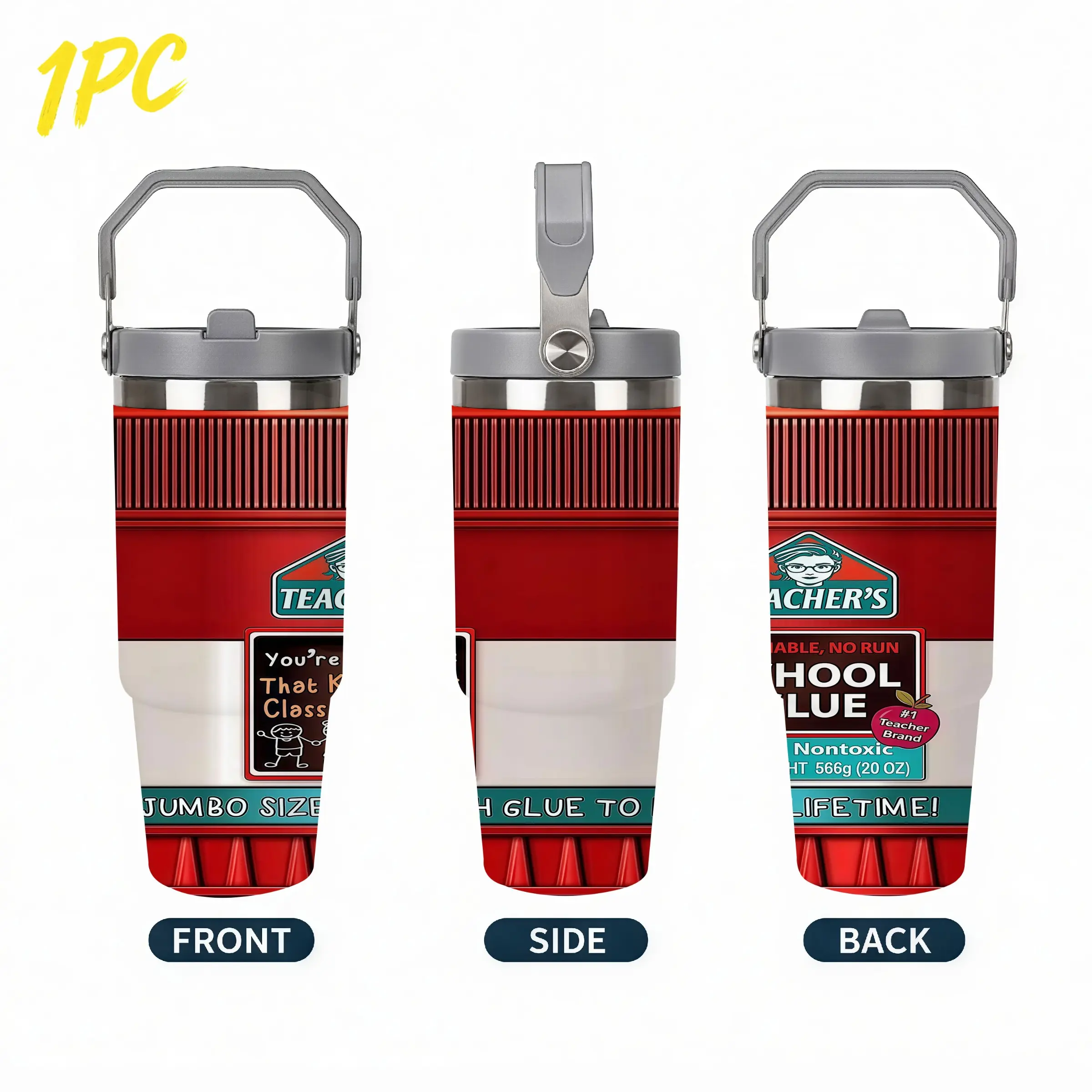 1pc 30oz 900ml 304 Stainless Steel Handheld Tumbler, Teacher’s Glue‑Can Replica Red‑White Vintage‑Stationery Label & Fun‑Slogan All‑Over Print Nostalgic‑School‑Fun‑Themed Large‑Capacity Portable Tumbler