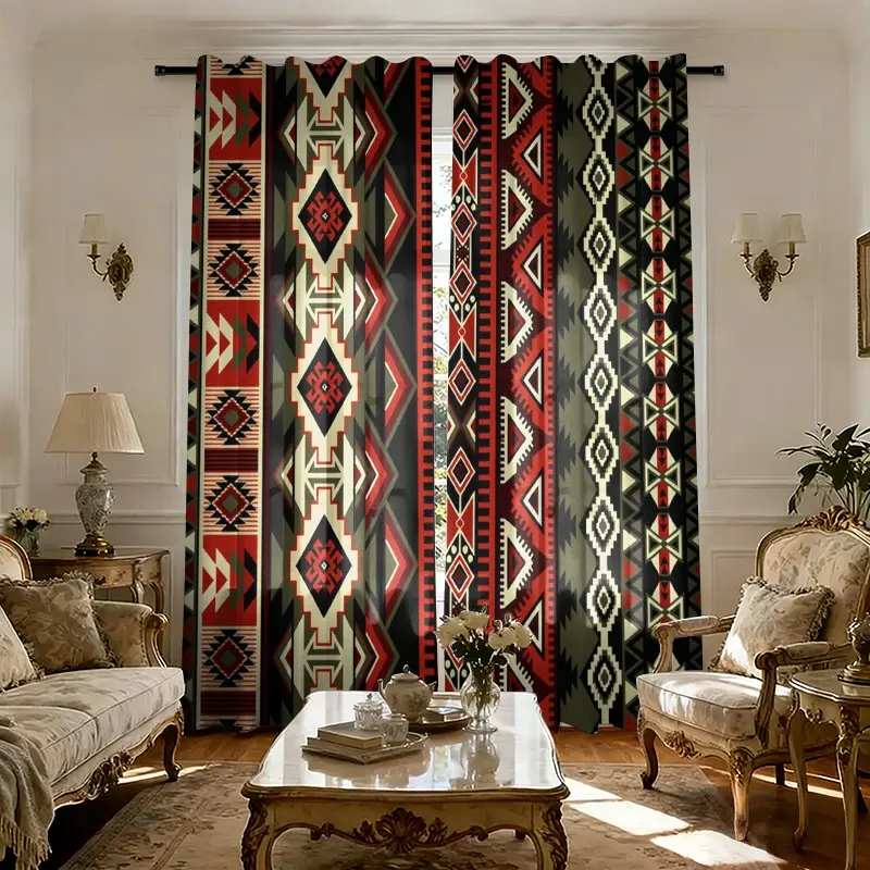 2-piece set, Bohemian style, Indian geometric patterns. Printed semi-transparent curtains, rod bag curtains, suitable for living room, bedroom and home decoration. Hand washable, hookless.