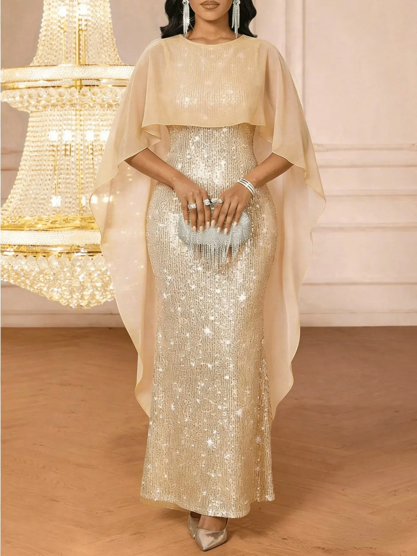 Elegant Sequin Chiffon Cape Dress, Waist-Cinch Slimming Bodycon Fish Tail Gown, Graceful Evening Party Wear, Hooded Cape + Fitted Fish Tail Design