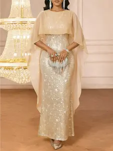 Elegant Sequin Chiffon Cape Dress, Waist-Cinch Slimming Bodycon Fish Tail Gown, Graceful Evening Party Wear, Hooded Cape + Fitted Fish Tail Design