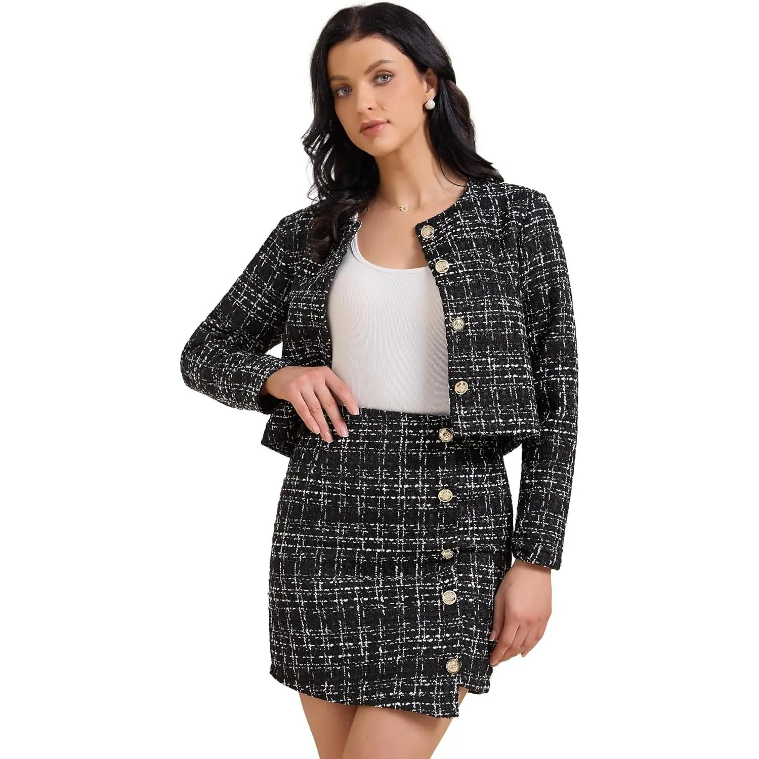 Allegra K Women's 2 Piece Skirt Sets Tweed Blazers Button Down Jacket Mini Skirt Set Business Casual Outfits 2025