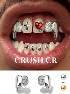 CRUSH CR Bling Iced-Out Vampire Fang Grillz, Gold/Silver Plated Teeth Caps with Sparkling CZ Stones, Eye-Catching Dental Jewelry for Night Clubs, Music Festivals & Glow-Up Parties