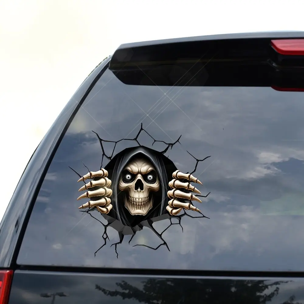 2D Flat Horror Skull Car Stickers, Double-Sided Peeking Crack Wall Decals, High-Quality PVC Self-Adhesive Decorations for Cars, Laptops, Walls
