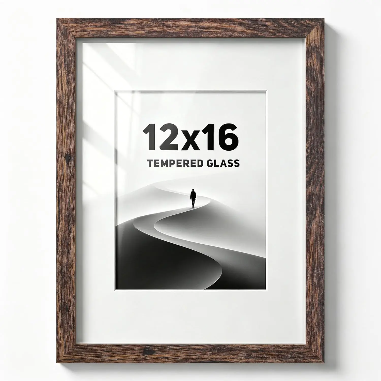Picrit 12x16 Wooden Picture Frame Rustic Brown, 1 Pack Tempered Glass Photo & Certificate Frame with Black Backboard, Displays 8.5x11 with Mat or 12 x 16 without Mat, Wall Mounting for Home Decor