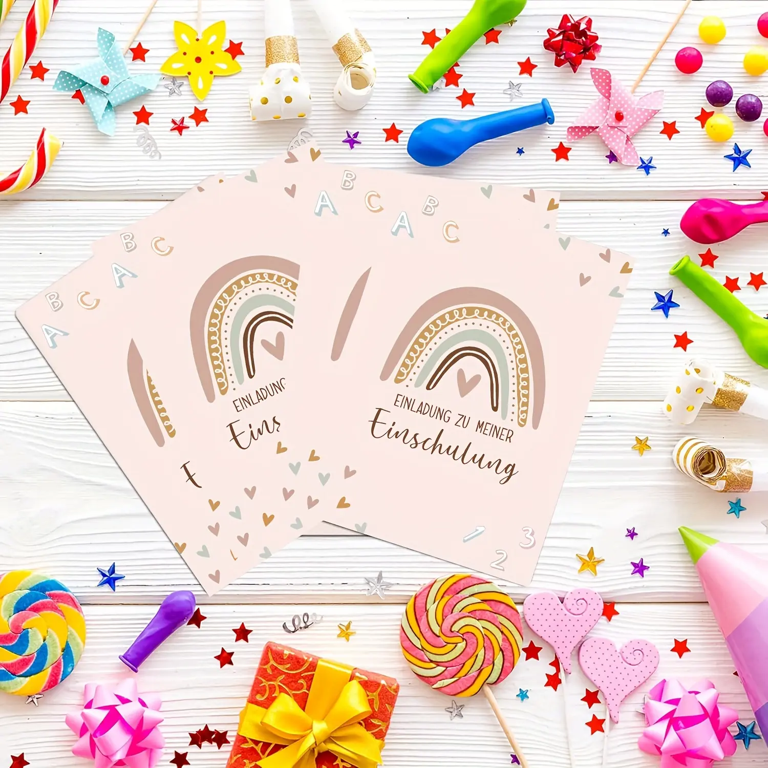 1pcs 4x6inch German School Enrollment Invitation Cards, Minimalist Boho Rainbow & Heart Cover, Fill-in Party Invites for Einschulung Celebrations