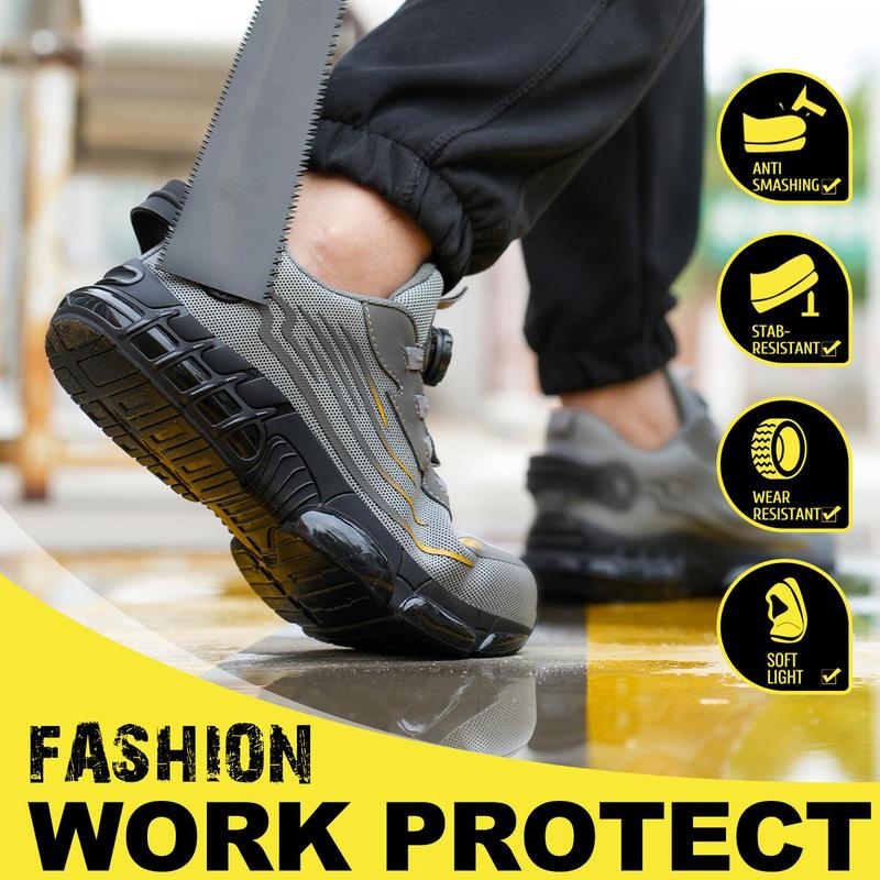 Men's Steel Toe Safety Shoes Puncture Proof Smash Proof Swivel Button Grey Mesh Work Boots for Outdoor Construction Dustproof Durable Non-Slip Outsole