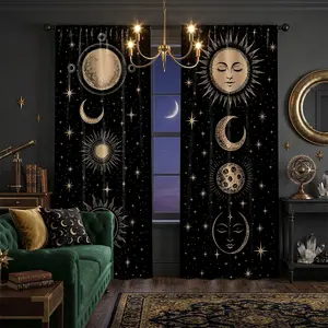 2-Pack Moon Sun Print Drapes, Rod Pocket Design, Semi-Transparent Privacy Curtains, Polyester, for Bedroom Living Room Kitchen Bathroom Study Home Decor