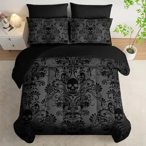 Black Skull Comforter Set 7 count  Size Bed in A Bag,Goth Bedding for Room Decor,Soft  Comforter Boho Hippie Bedding with Fitted Sheet,Flat Sheet, Pillowcases & Shams