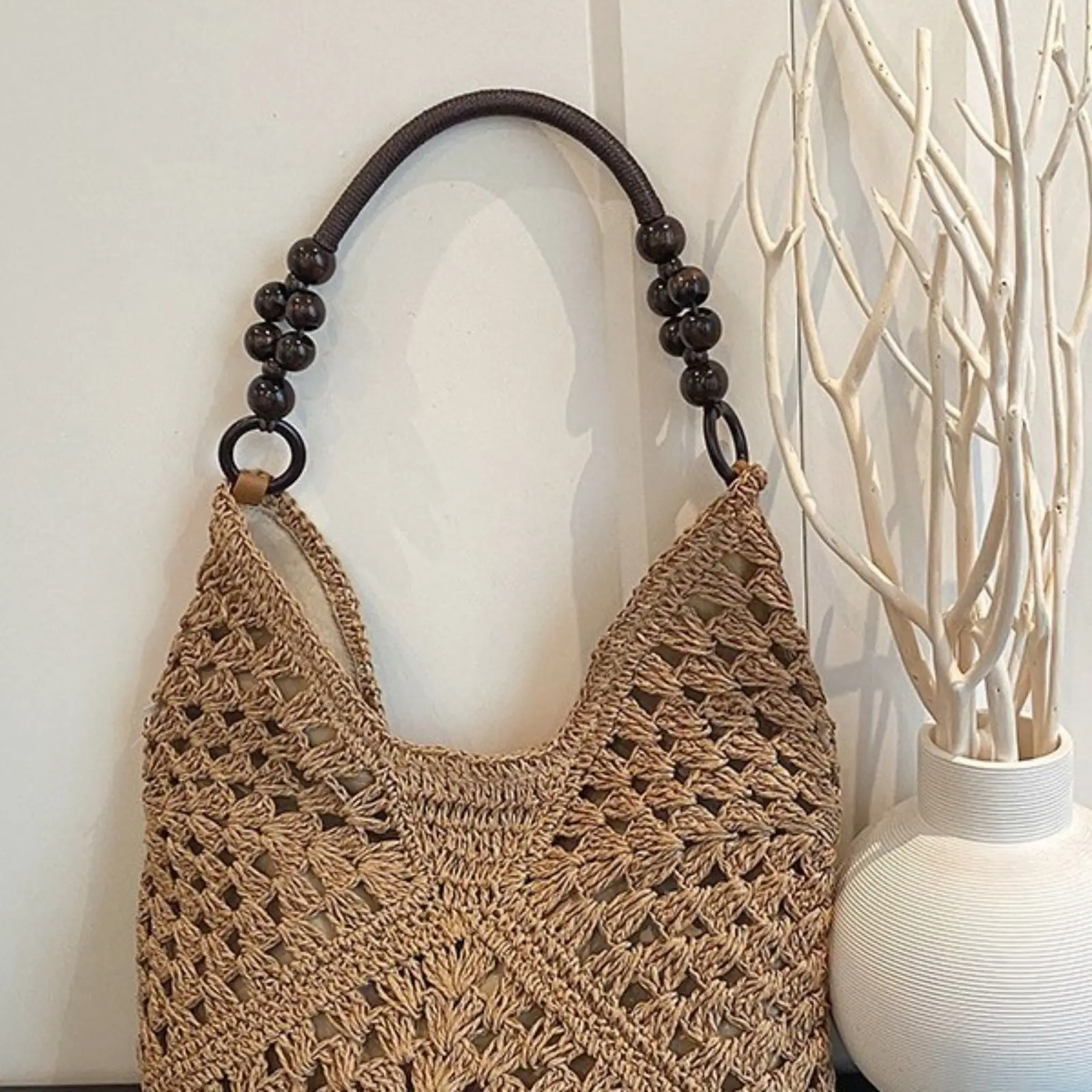 Women's Hollow Woven Raffia Shoulder Hobo Bag - Summer Beach Boho Trend Wooden Beads Decor, Coffee Crochet Knit Large Vacation Underarm Purse with Detachable Strap, Lined Straw Bag for Travel Shopping