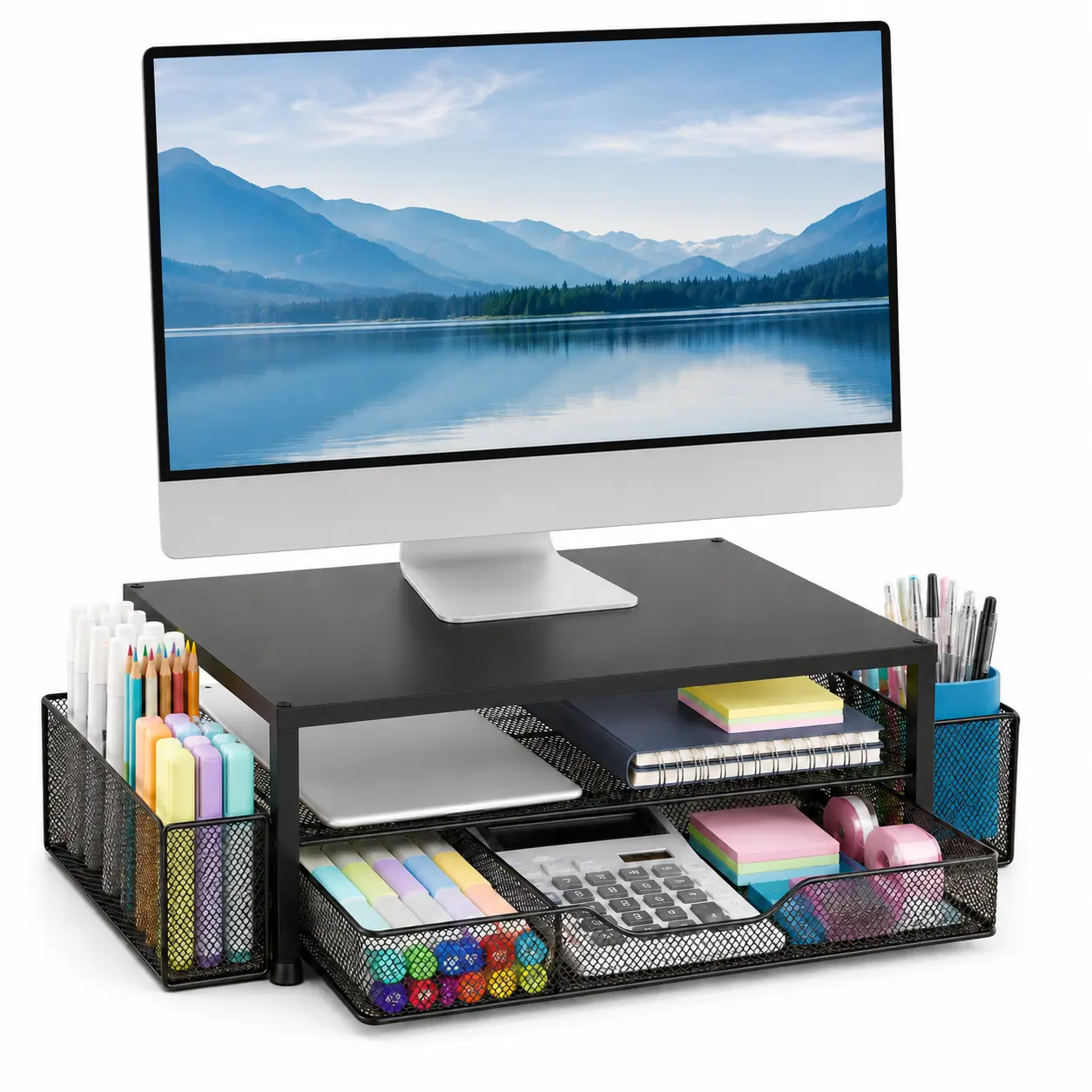 Pink Vintage 2-Tier Wooden Desk Organizer with Drawer, 2 Pen Holders & Computer Monitor-Laptop Stand Riser for Office Supplies (Indoor Leisure Use)