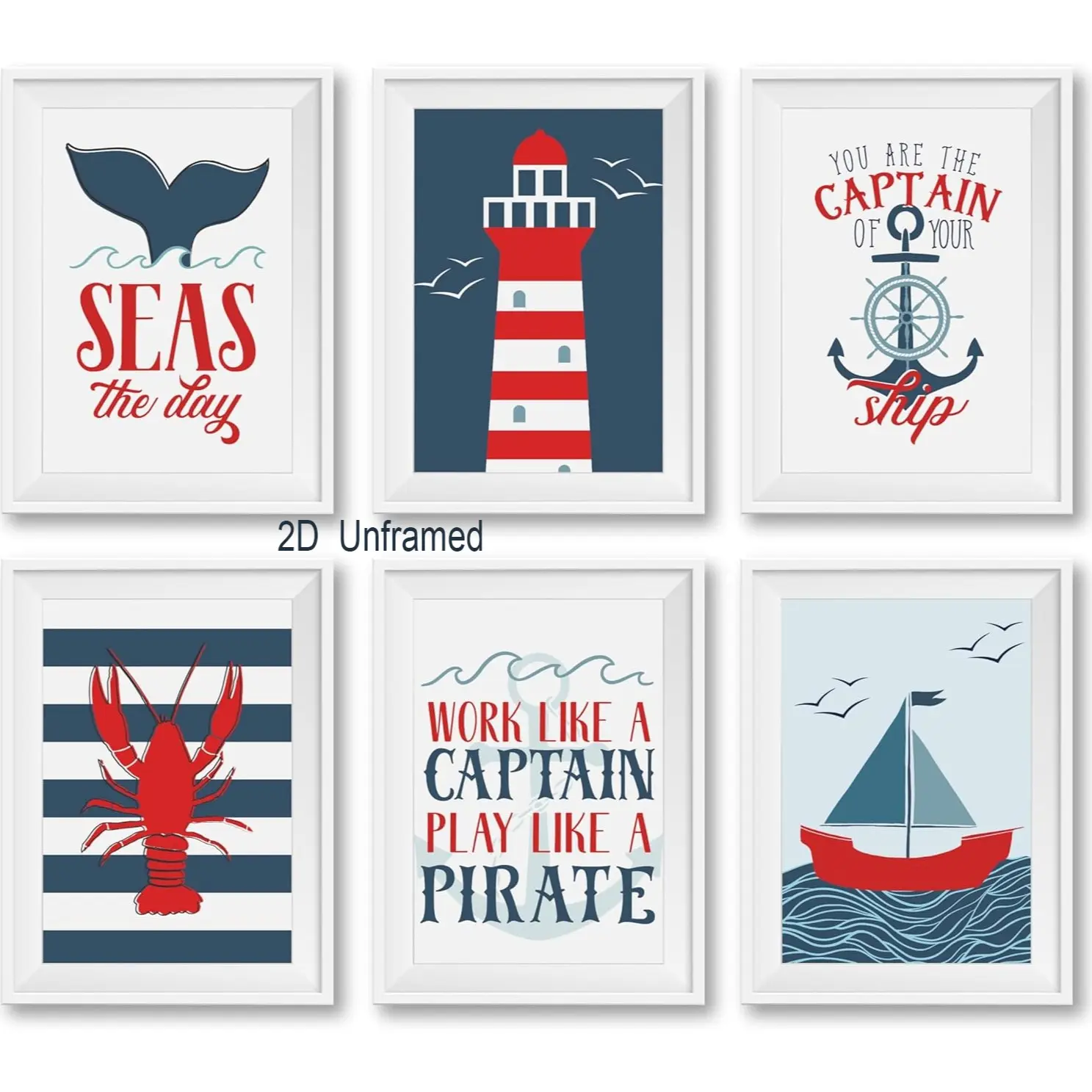 6-Piece  Frameless  Nautical-Themed Wall Decor—Nautical-style room decor for toddlers, featuring ship and lighthouse murals and ocean-themed art, perfect for children's bedrooms