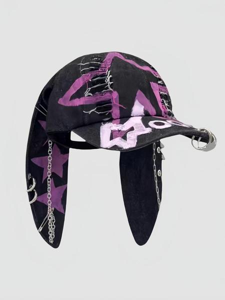 Unisex Wasteland Style Bunny Ear Baseball Cap, Adjustable Snapback Cap, Punk Denim Trucker Hat with Chain, Streetwear Hip Hop Costume for Halloween Party