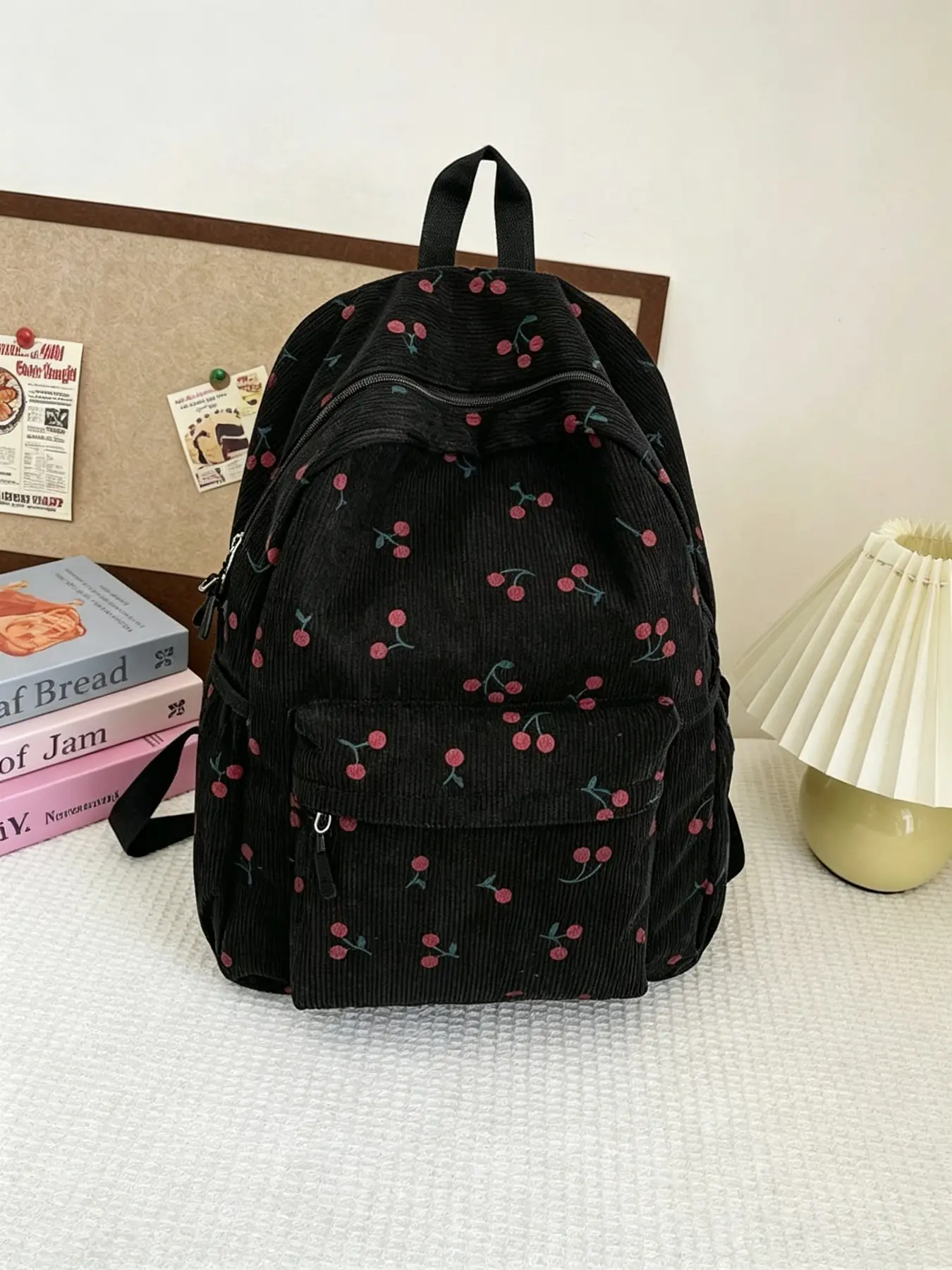 black corduroy casual backpack with fresh cherry blossom print large capacity foldable lightweight multi pocket zipper school bag for teen boys girls middle high college students daily commute shoppin