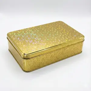Gold Glitter Single Piece Empty Rectangular Tin Container with Lid, Multipurpose Festive Box For Cookies, Candies, Stationery & More - 7.5 x 4.25 x 2 Inches