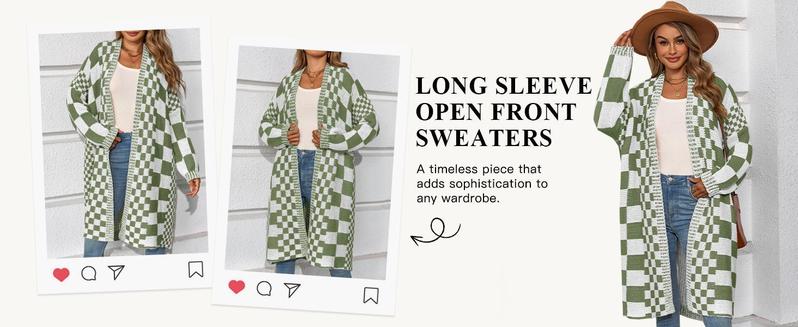 FMEYOA Womens Checkered Long Cardigans Chunky Oversized Open Front Batwing Sleeve Color Block Knit Sweater Coats