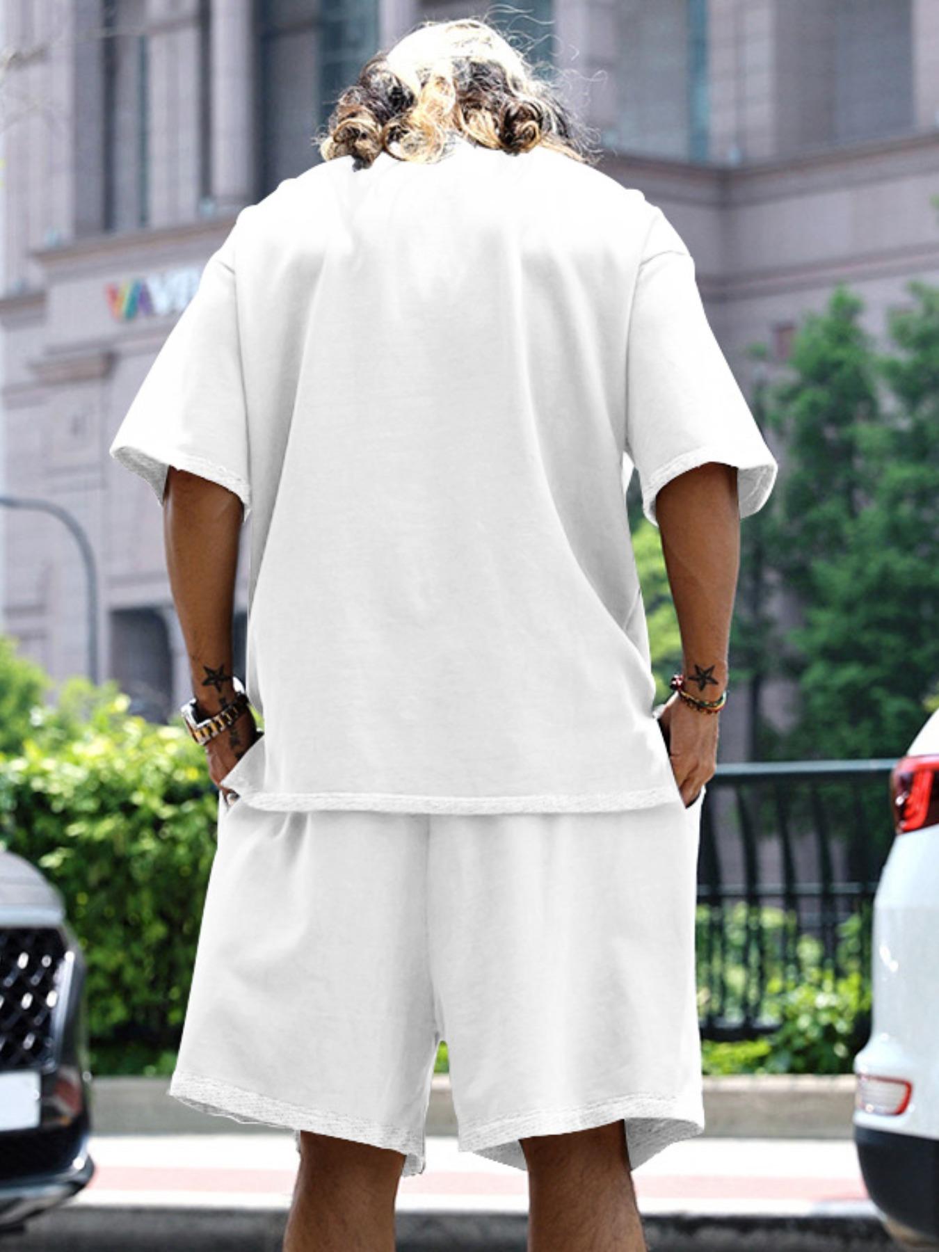 Men's Summer Casual Set, Pure Color Round Neck Short Sleeve Knit Tee & Shorts, Classic Loose Fit Sportswear, Comfortable Daily Wear Outfit