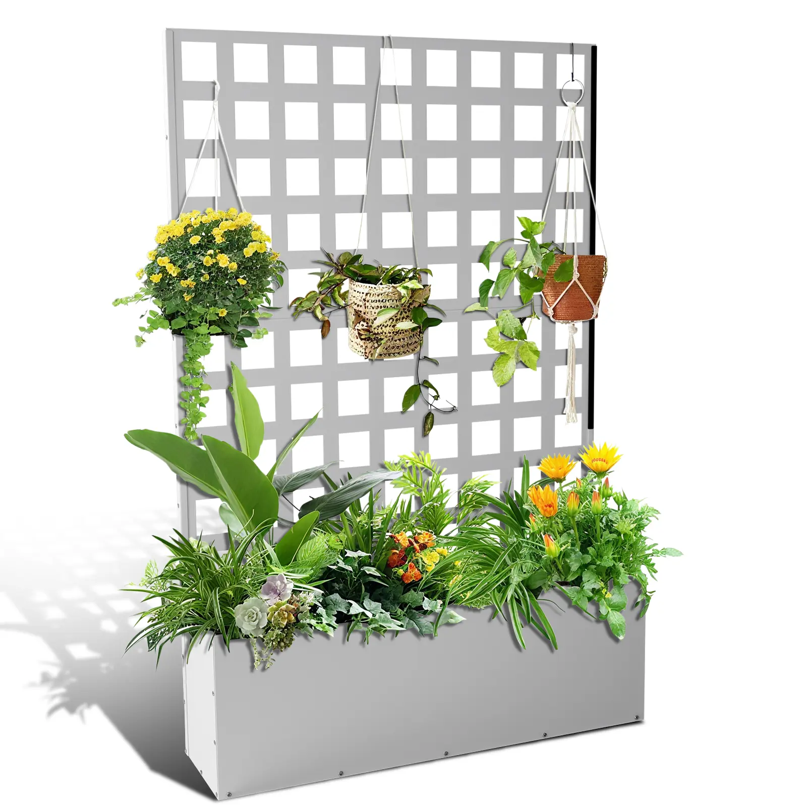 Garvee White Galvanized Metal Raised Garden Bed with Trellis Privacy Screen, Mobile Rolling Planter Box with Drainage Holes & Wheels, 73" x 47" x 12" Outdoor Planter for Climbing Plants, Vegetables and Flowers, Ideal for Patio & Balcony