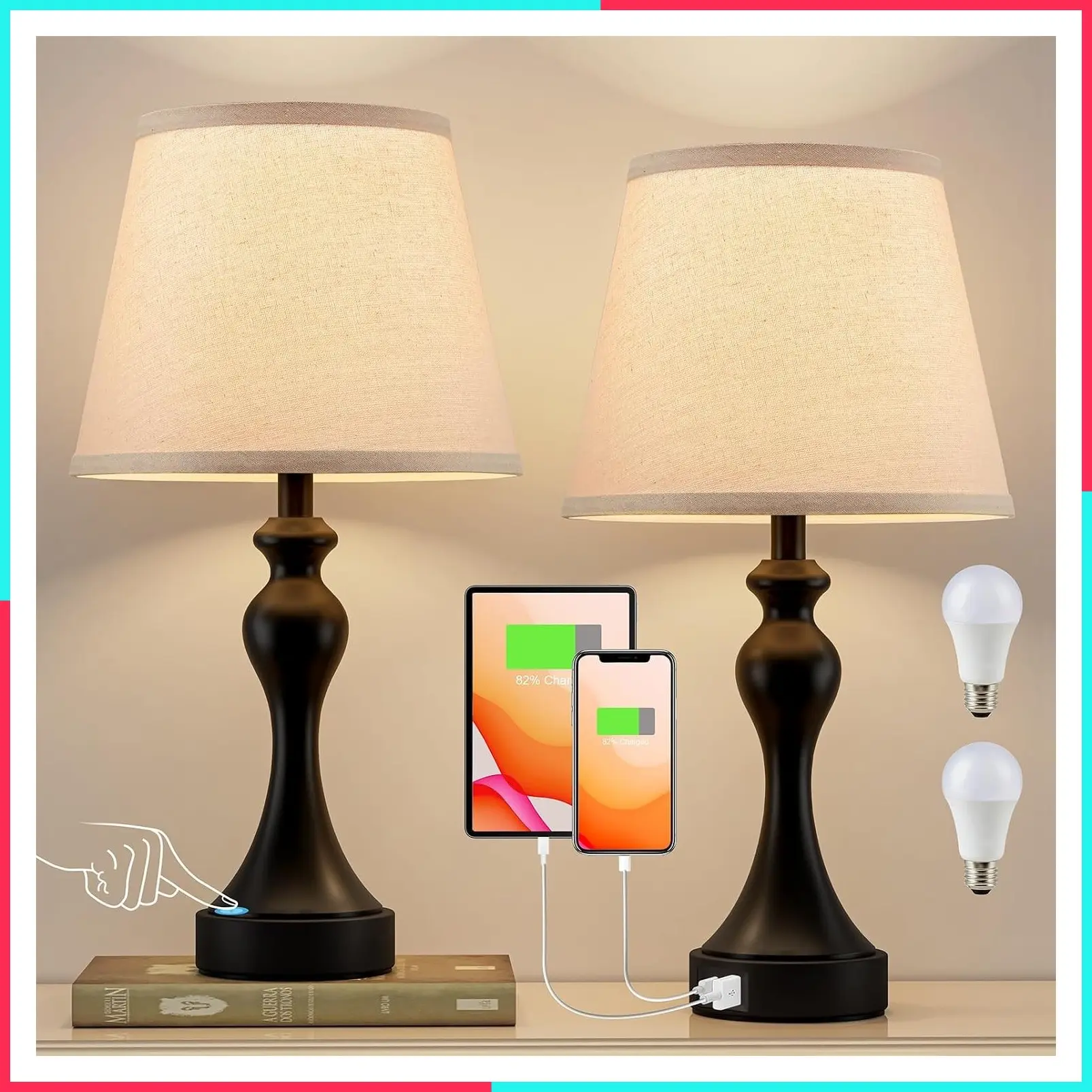 Touch Lamps for Nightstand, 3 Way Dimmable Bedside Lamps with USB C+A Ports