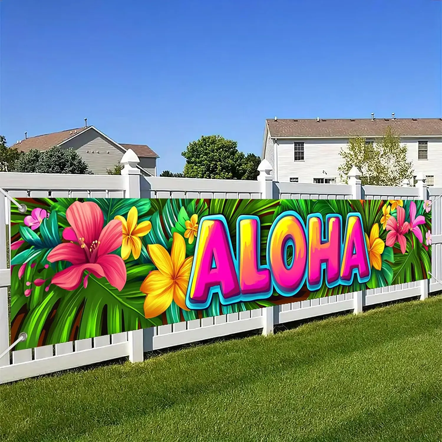 Pre-Made Palm & Hibiscus Aloha Flowers Banner (118x20in) - Hawaiian Luau Wall Decor, Tropical Pool Party Outdoor Photo Booth Backdrop Sign