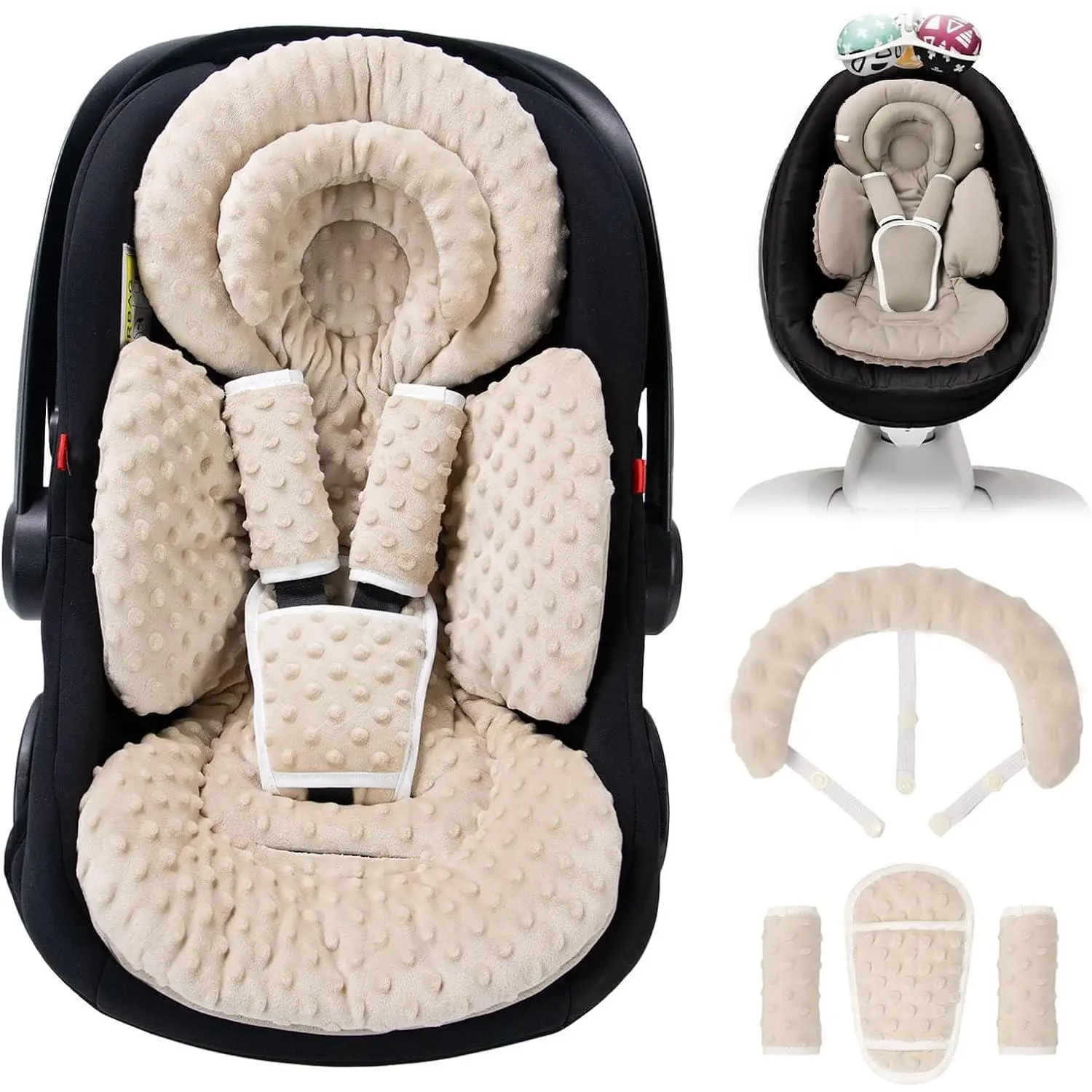 Preemie-Fit Cushioned Infant Car Seat Insert, No-Fabric Reversible Dot Texture, Head & Body Support Compatible with Strollers - Beige Dots, Body-Supporting, Dots, Beige