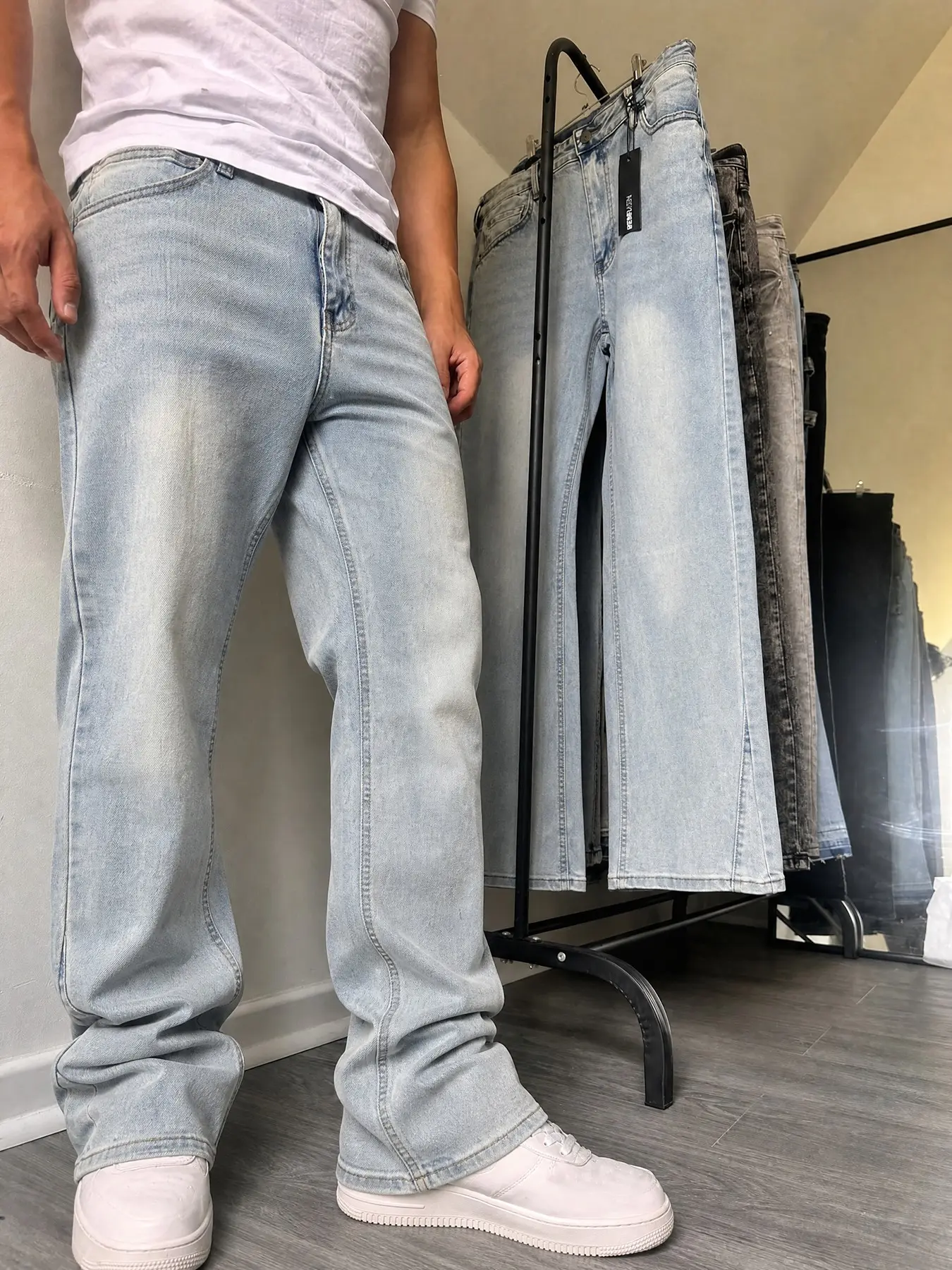 Men's Micro Flare Jeans, Tight Fit Denim Jeans, Ripped Bell Bottoms, Washed Y2K Layered Pants, Seasonal Wear, Patchwork Embroidery, Slim Fit, Streetwear, Casual Streetwear Jeans