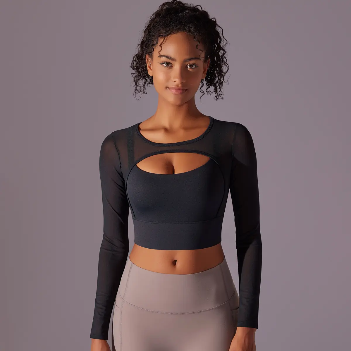 Women’s Mesh Layered Long Sleeve Crop Workout Top, Front Cutout Built-In Bust Support Breathable Stretch Athletic Shirt for Yoga Gym Running Daily Athleisure Wear