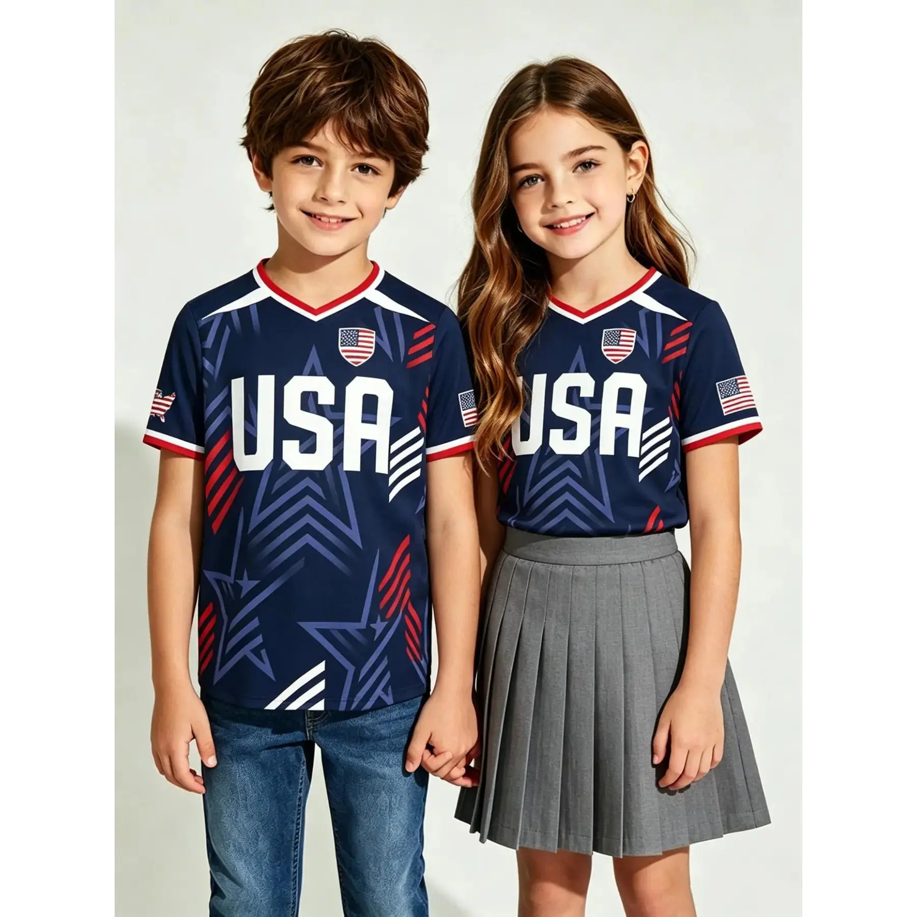 Kids' Patriotic Soccer Jersey - Navy/Red/White Short-Sleeve V-Neck Graphic Shirt, Independence Day Outfit, Casual Streetwear for 6-14 Yrs, Summer School Vacation Gift, 4Th Of July, Jersey Shirt, Sporty, Patriotic Outfits, Game Day, Memorial Day