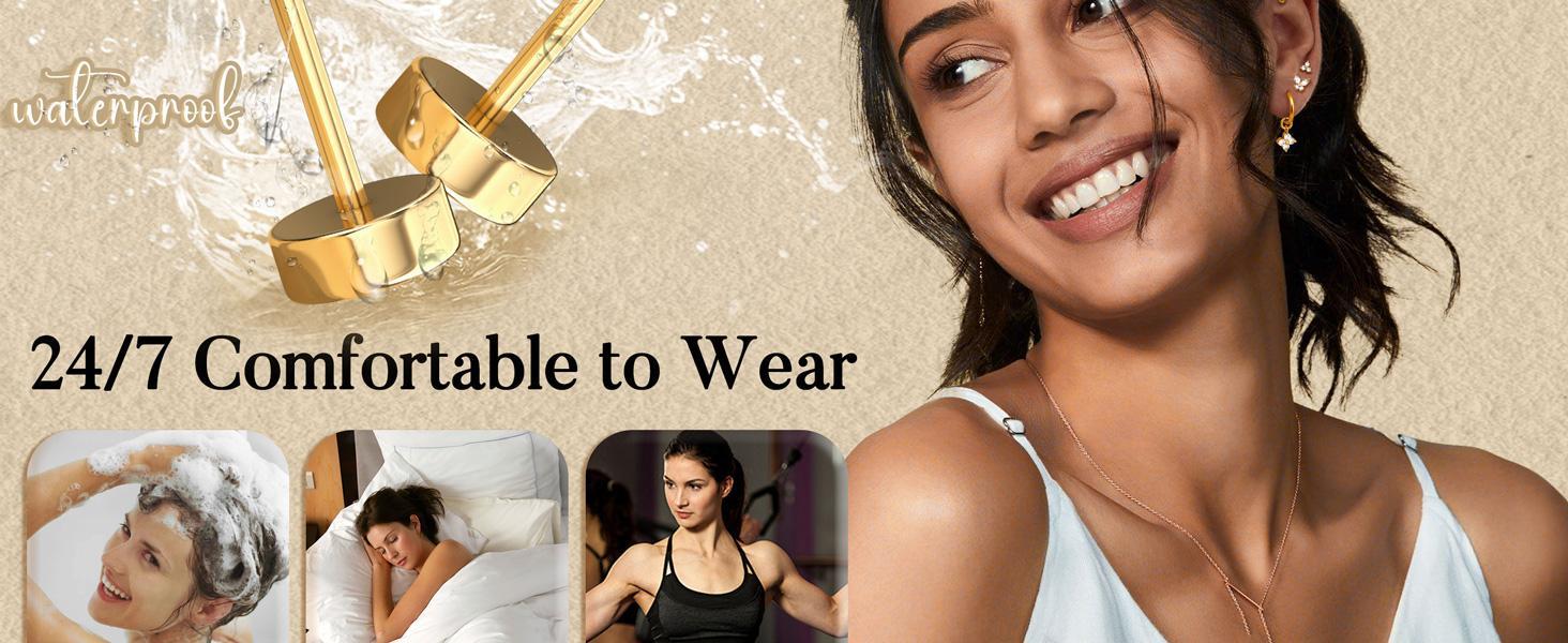 CASSIECA 10Pairs Earrings 14K Gold Plated Earrings for Women Hypoallergenic Surgical Steel Earrings Sensitive Ears Silver Flat Back Cartilage  Stacks with Charms for Multiple Piercing Jewelry