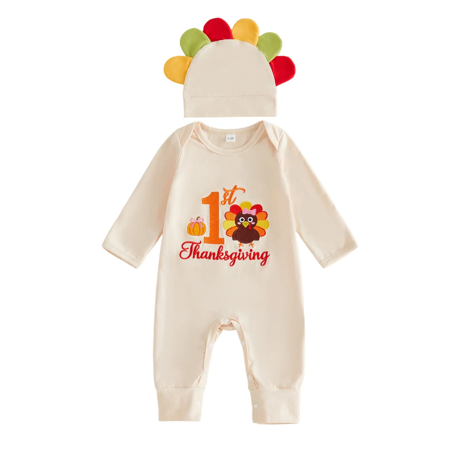 Meihuida Newborn Baby Boy Thanksgiving Outfits Long Sleeve Turkey Embroidery Jumpsuit with Hat Fall 0-6 Months