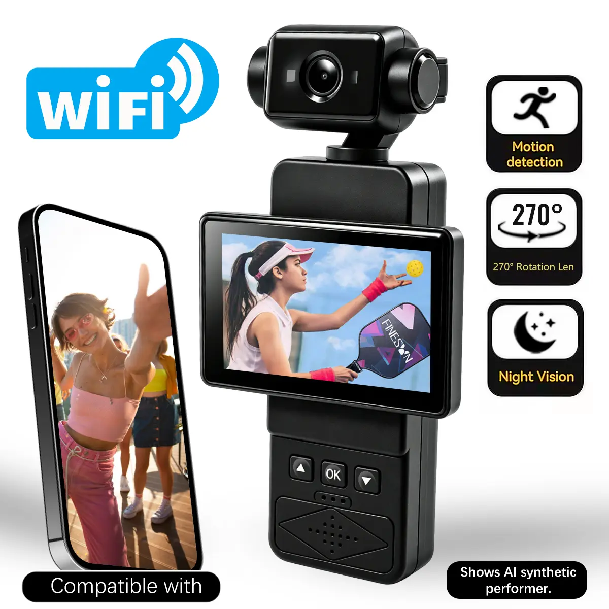 POV Hands-Free Action Camera with WiFi, Wearable Back Clip HD Pocket First-Person Camera with 270° Rotating Lens and Multi-Angle Flip Screen, for Travel, Daily Life Recording & Outdoor Use, WiFi Sports Camera