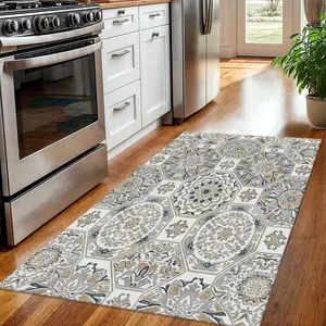 Washable Velvet Soft Runner Rug - Ornate Floral Mandala Tile Design, Bohemian Distressed Style, Anti-Slip Rubber Back, Suitable for Corridors, Living Rooms, Room Decor