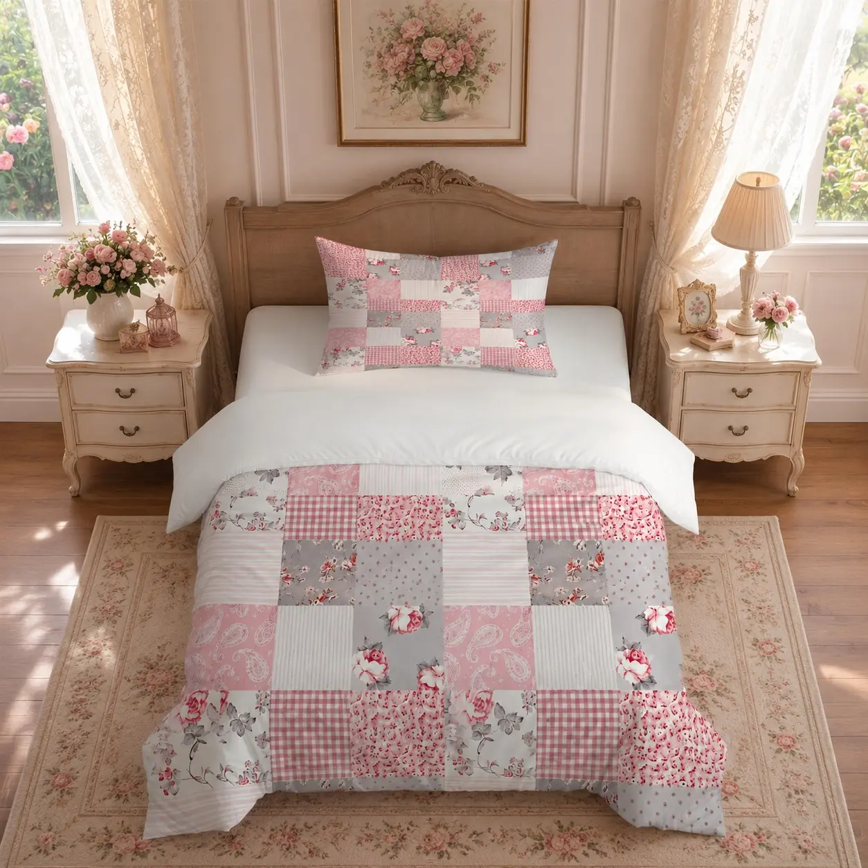 Patchwork Floral Duvet Cover Set, 2/3-Piece Bedding Set (1 Duvet Cover + 1/2 Pillowcases, No Comforter or Pillow Inserts), Cottagecore Boho Style Soft & Breathable Bedding, Ideal for Girls' & Teens' Bedroom Decor & Gifts