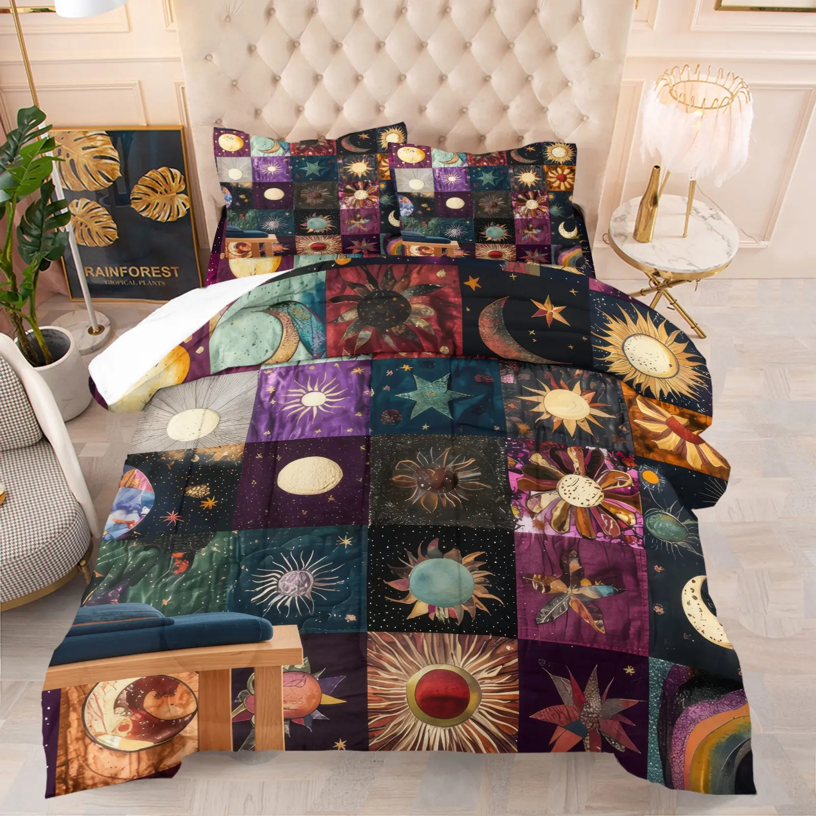 Mystic Celestial Sun Moon Patchwork Print Comforter Set, Includes 1 Comforter and 1‑2 Pillowcases, Vintage Witchy Planet Star Pattern Print, Gift for Kids, Teens and Adults, Astrology‑themed Gift for Spiritual Fans