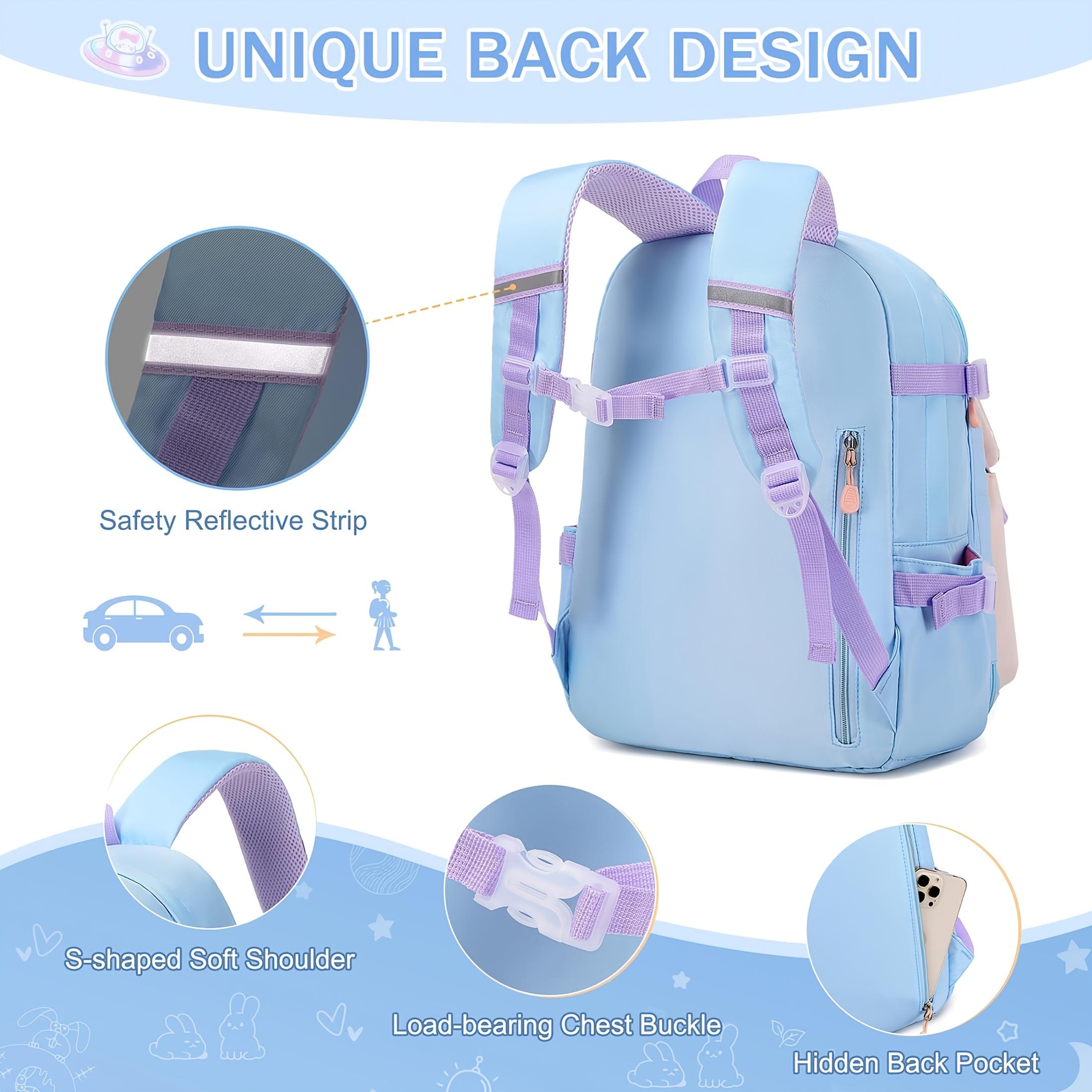 (New)Cute Rabbit Girls Backpack Three-Piece Set: Includes Handbag and Pencil Case, Lightweight Nylon Material, Adjustable Straps