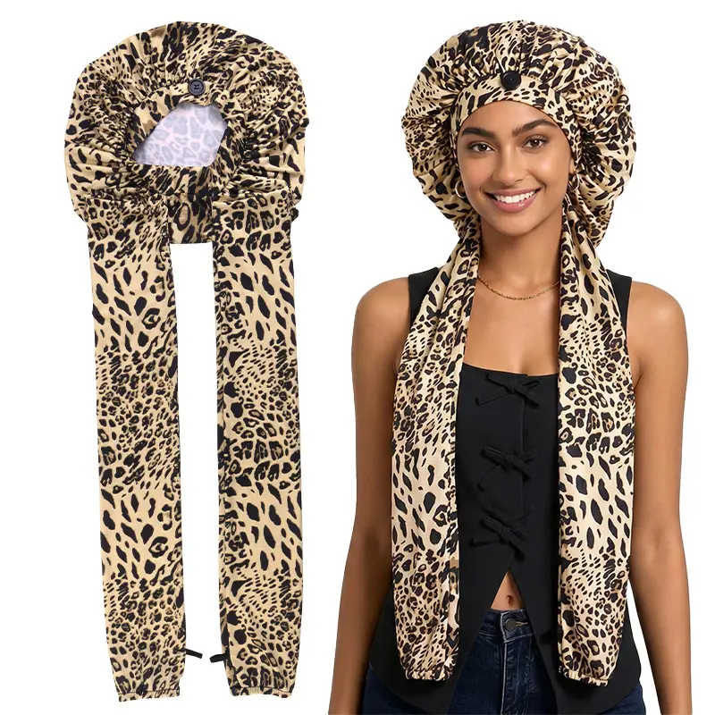 Viral Leopard Print Satin Long Hair Bonnet Wrap Adjustable Tie Night Sleep Cap Anti Frizz Loc Braids Protector Curly Hair Headwear