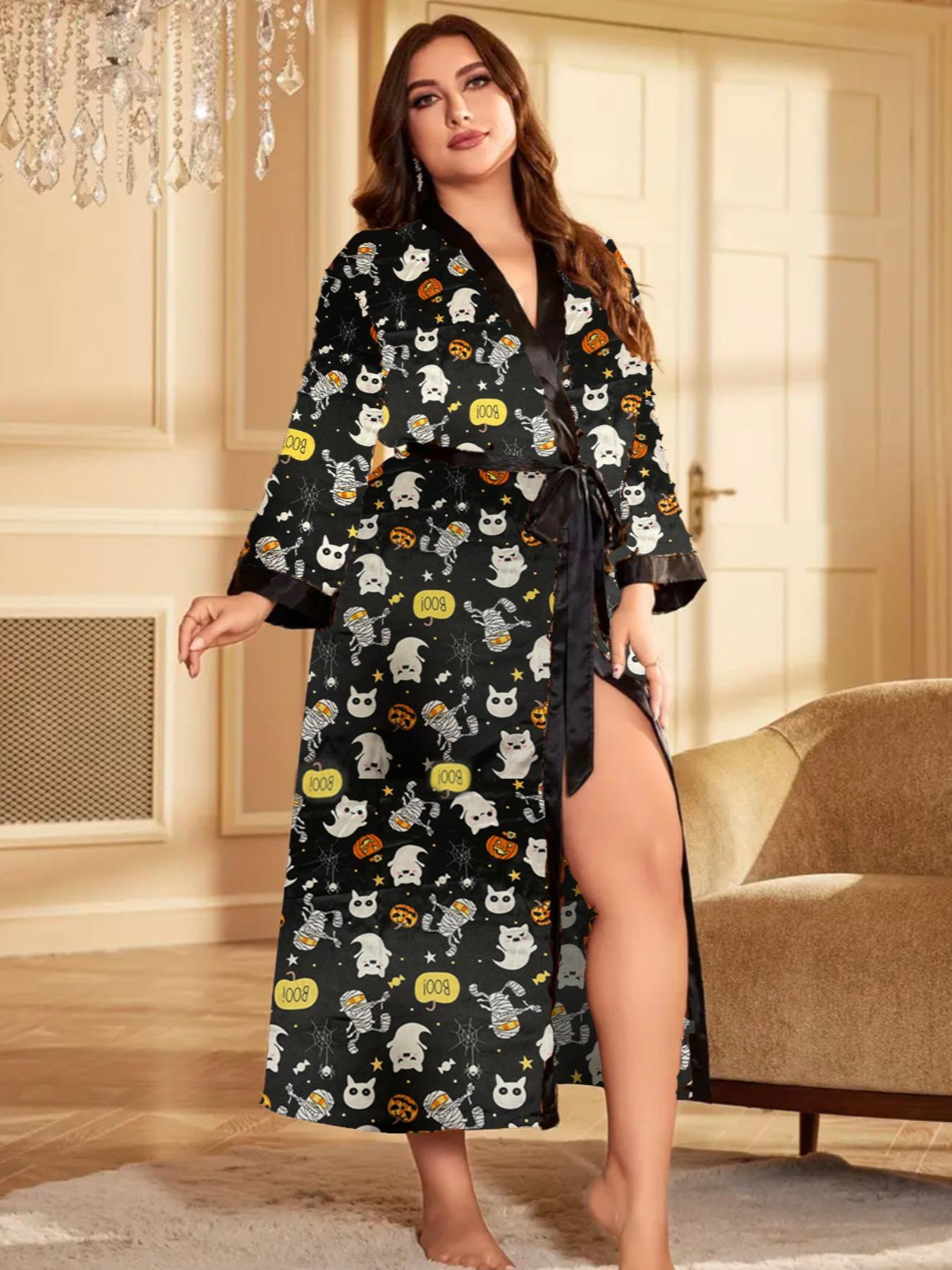 Plus Size Halloween Pumpkin Skull Print Belted Contrast Binding Wrap Robe, Elegant Soft Comfy V Neck Long Lounge Robe, Women's Sleepwear, Lady Summer Outfits 2024