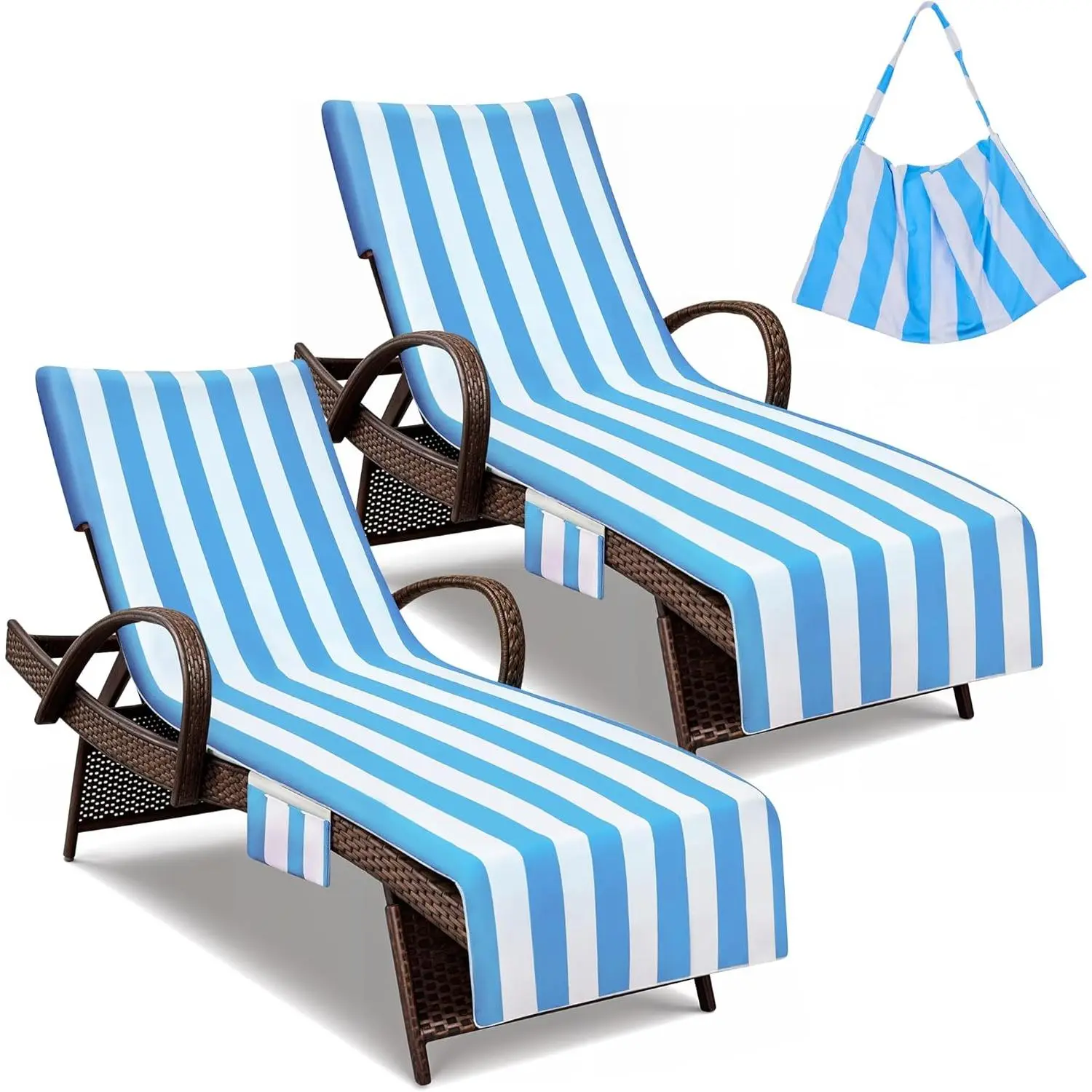 Lounge Chair Towel Covers, 2 Pack Outdoor Chaise Lounge Slipcover, 83" X 29" Stripe Microfiber Beach Chair Cover, Soft Absorbent Chaise Cover with Pockets for Pool Garden Patio, Sky Blue