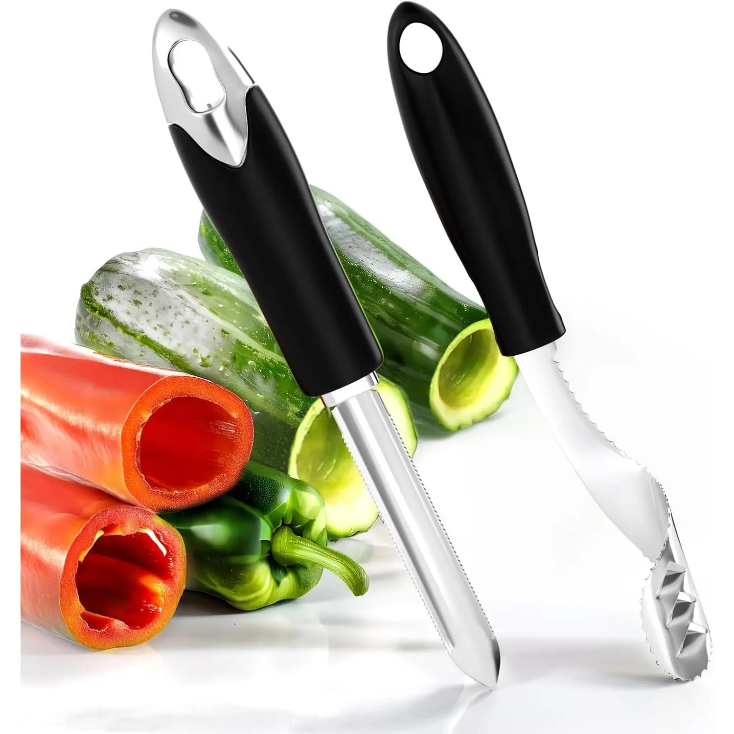 Stainless Steel Vegetable Corer & Seed Remover Set of 2 - Rotating Serrated Blade Kitchen Utensils with Rubber Handle for Jalapeno, Zucchini, Cheese Slicing, Seeding, Top Removal, Functional Tool